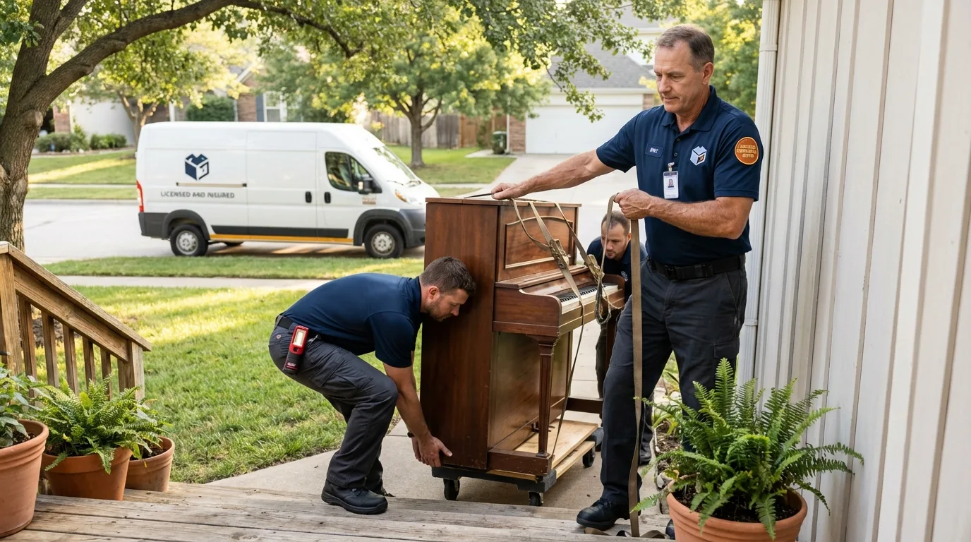 Licensed piano movers securing grand piano in Westmoreland, NH