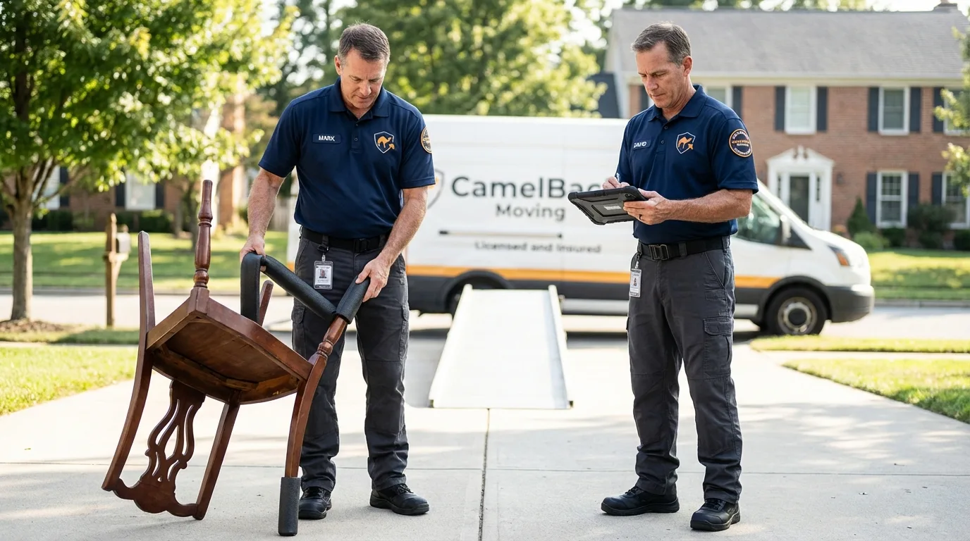 Movers inspecting furniture for damage prevention before loading in Westmoreland, NH