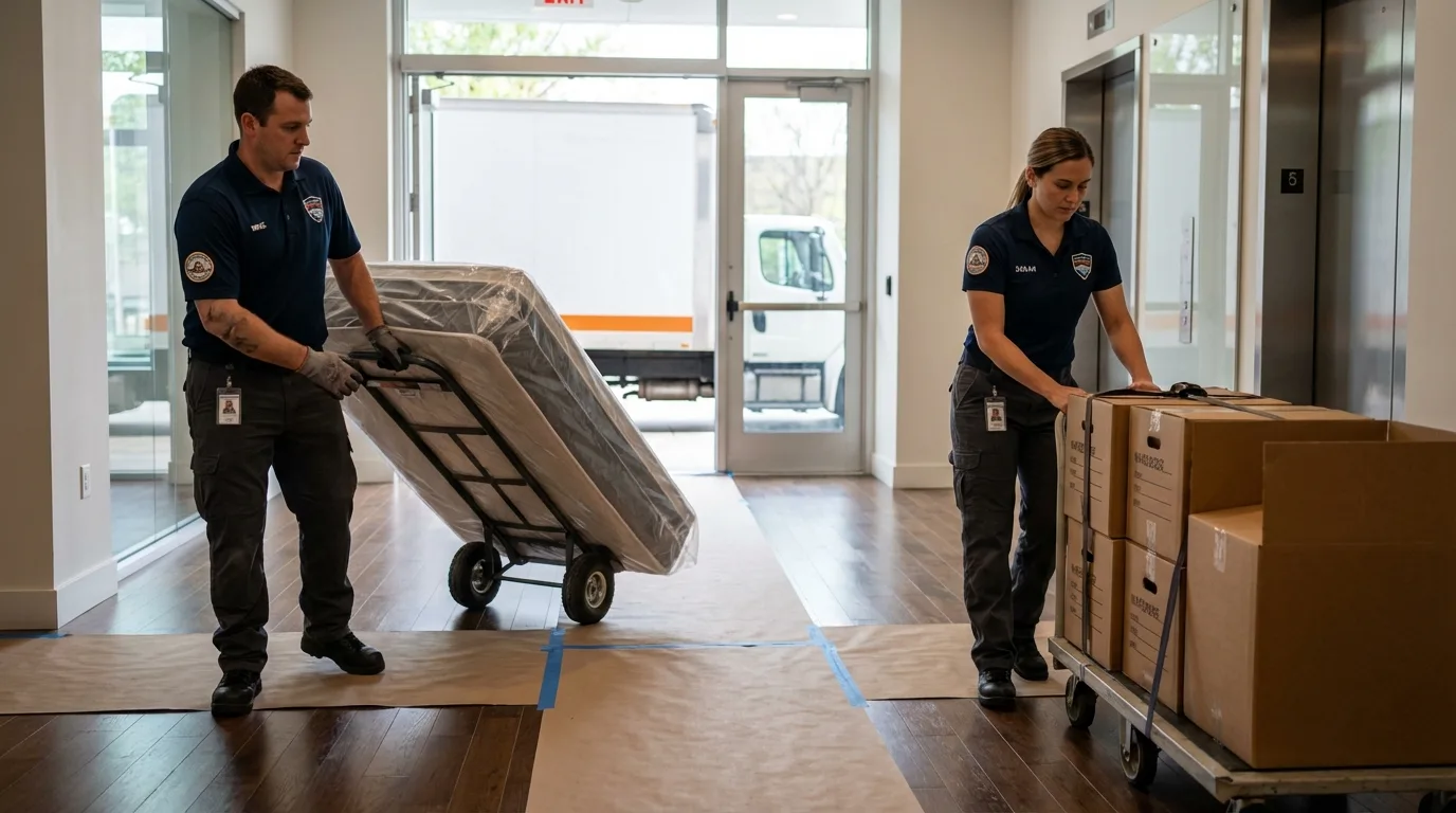 Professional apartment movers loading elevator in Westmoreland, NH