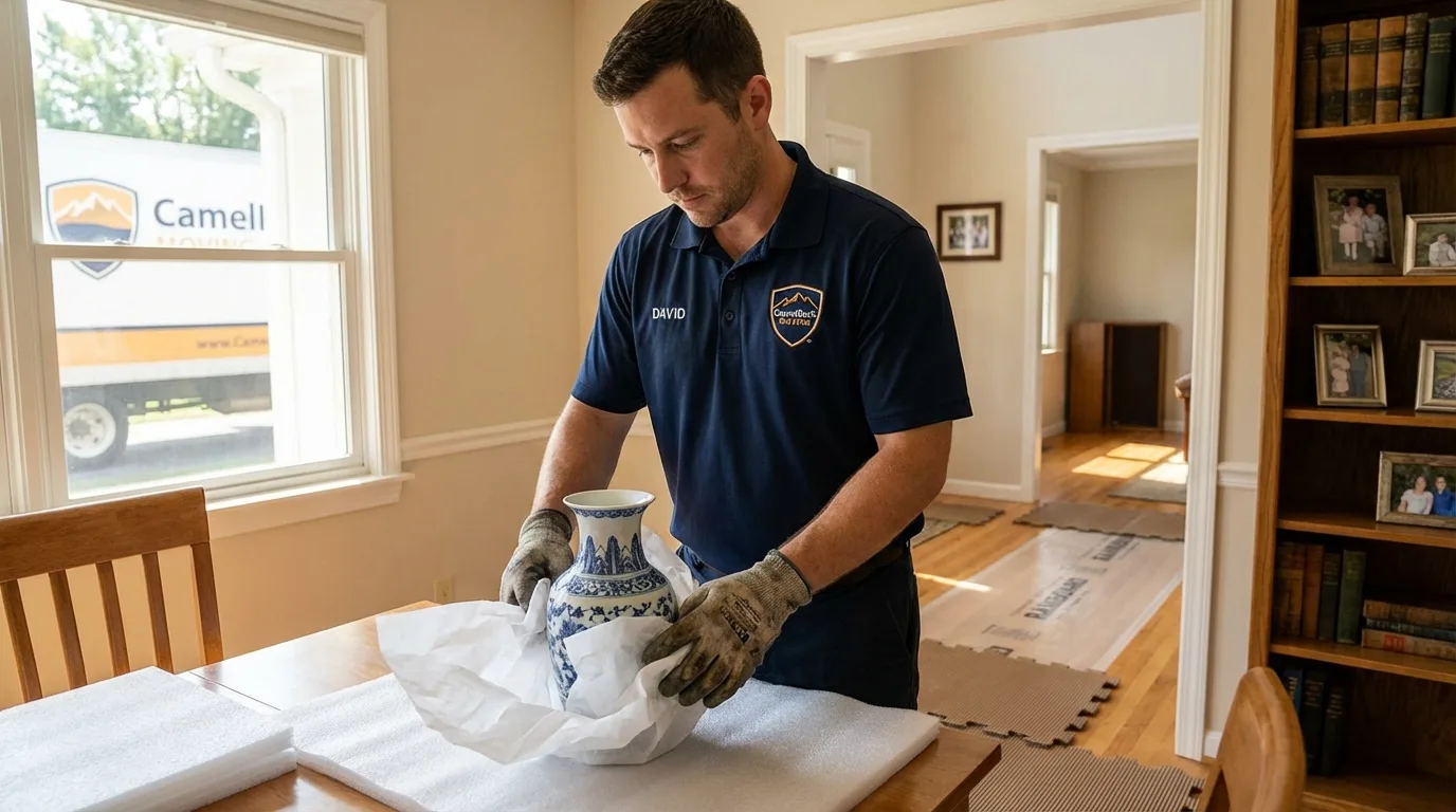 Professional crew carefully wrapping antique vase for senior downsizing move in Westmoreland, NH