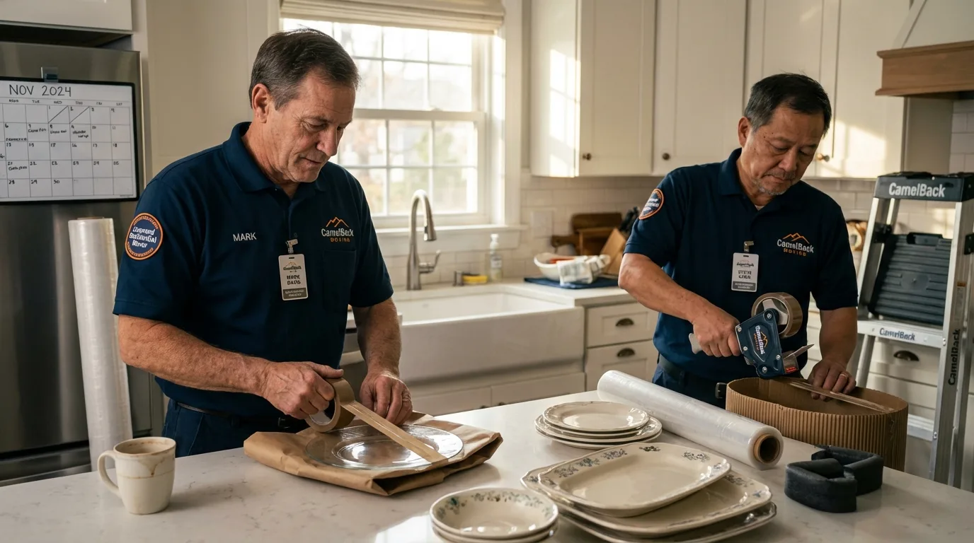 Professional crew packing kitchen dishware in Westmoreland, NH